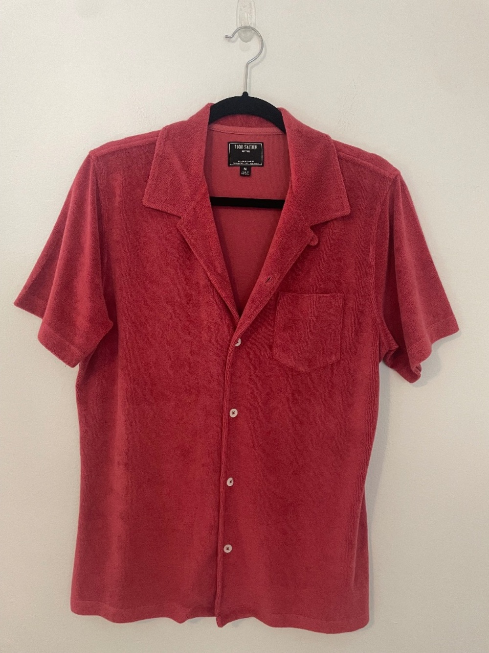 Todd Snyder Camp Collar Button Down Short Sleeve Shirt, Red Terry Cloth, Medium